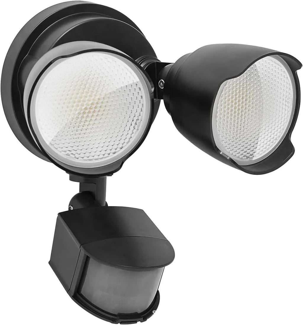 White LED security floodlight with motion sensor mounted on an exterior wall.