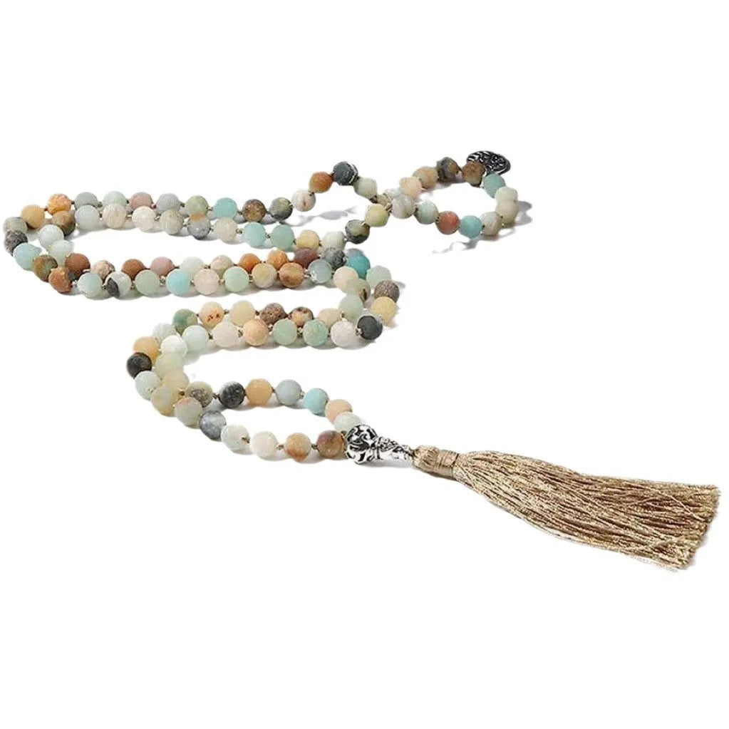 Handmade long necklace with 108 knotted 8mm natural stone beads in geometric shapes.