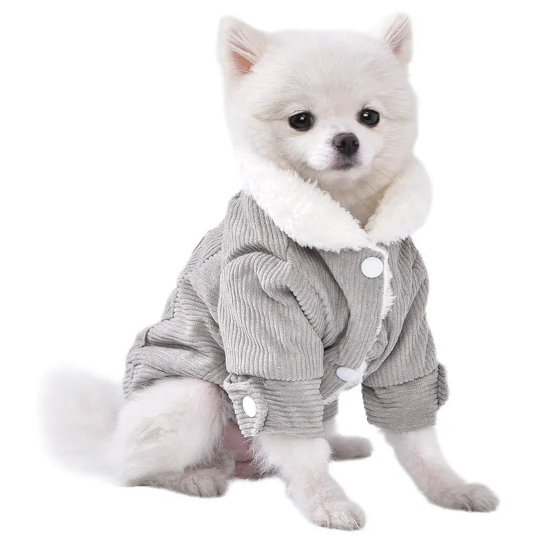 Lambswool grey fleece-lined padded vest for a dog, showing the wool lining and size label.
