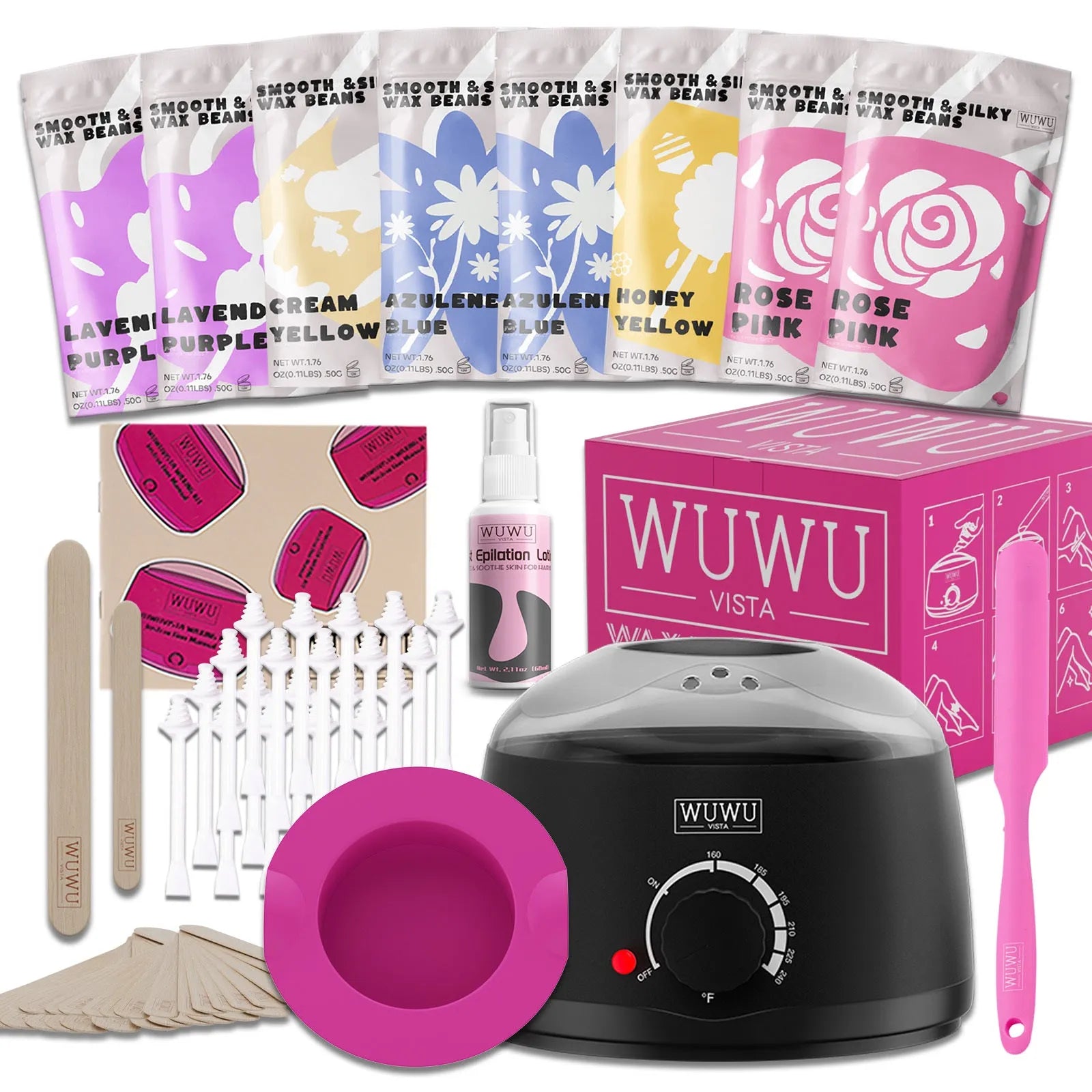 WUWUVISTA hard wax hair removal kit with pink wax warmer, wax beans, lotion, and applicator sticks