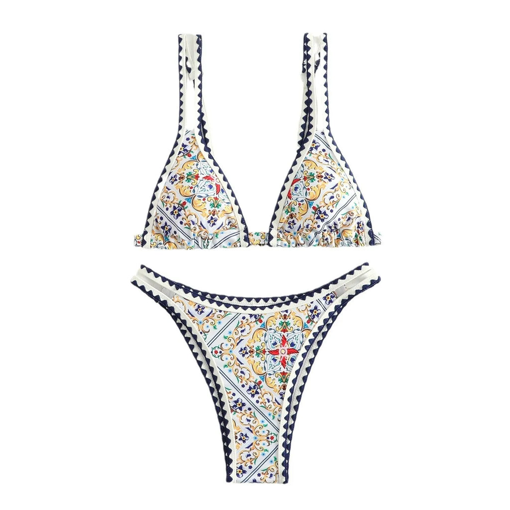 Women's printed bikini swimsuit with floral pattern quick-drying polyester fabric