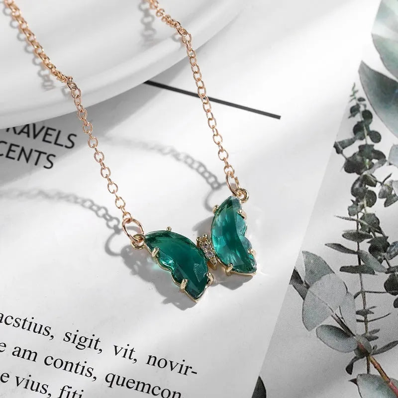 Crystal glass butterfly pendant necklace on water wave chain in blue colour, adjustable 51-80cm