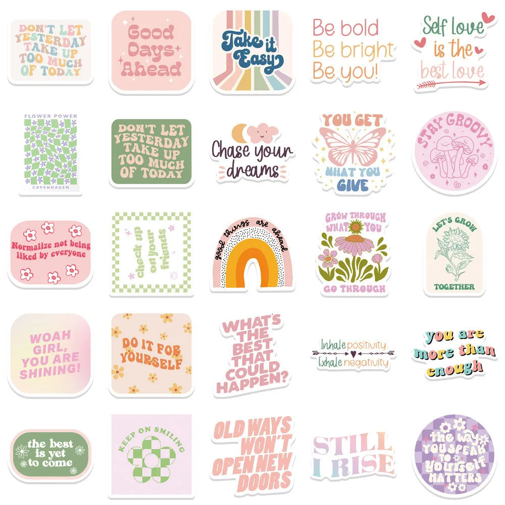 Danish pink motivational statement stickers with graffiti cartoon designs measuring 4-6cm for laptops and luggage
