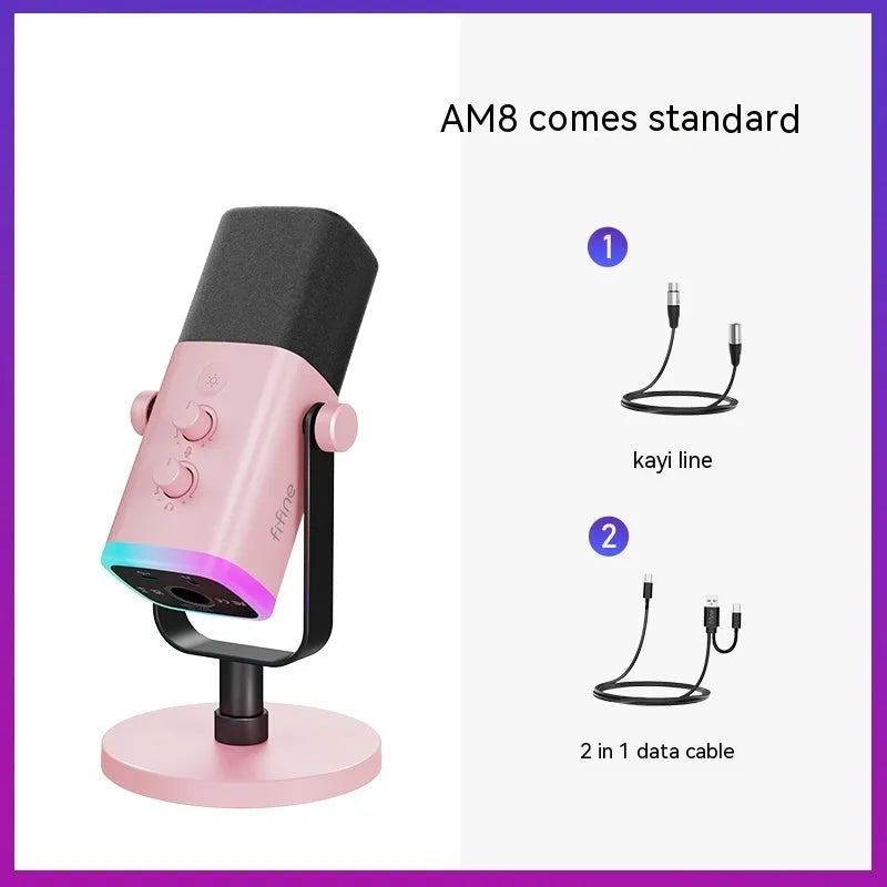 Black dynamic USB and XLR microphone with a weighted desk stand on a wooden surface.