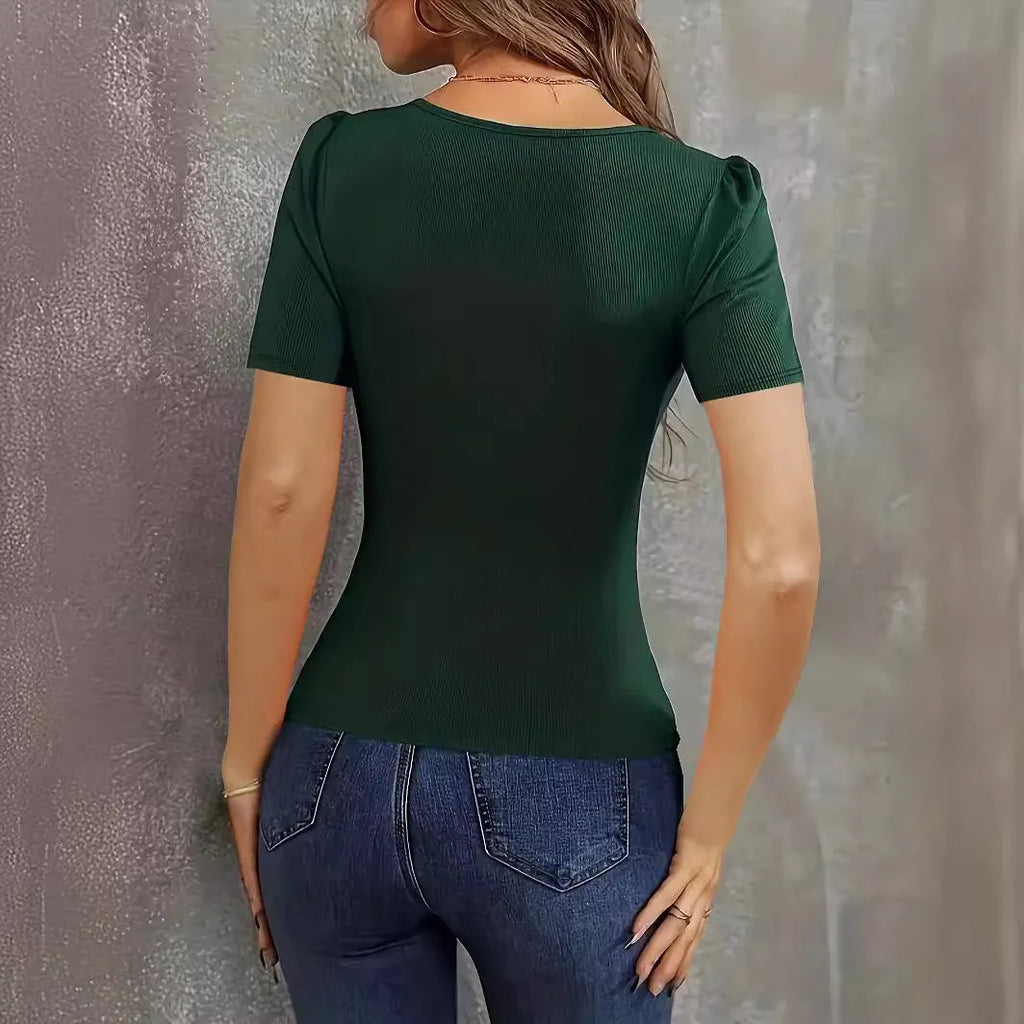 Women's wine red slim fit knitted short sleeve pullover top with a low neckline.