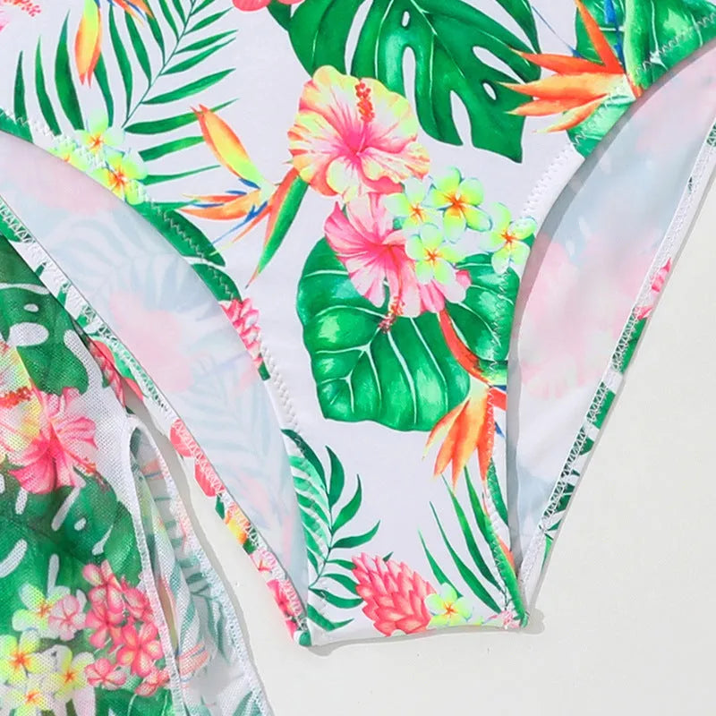 Girls' floral print two-piece swimsuit with high elasticity polyester fabric for swimming.