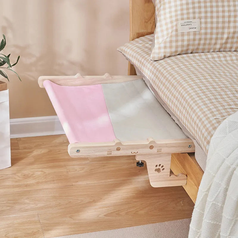 Wooden frame cat hanging hammock bed installed on a window, suitable for cats and small dogs.