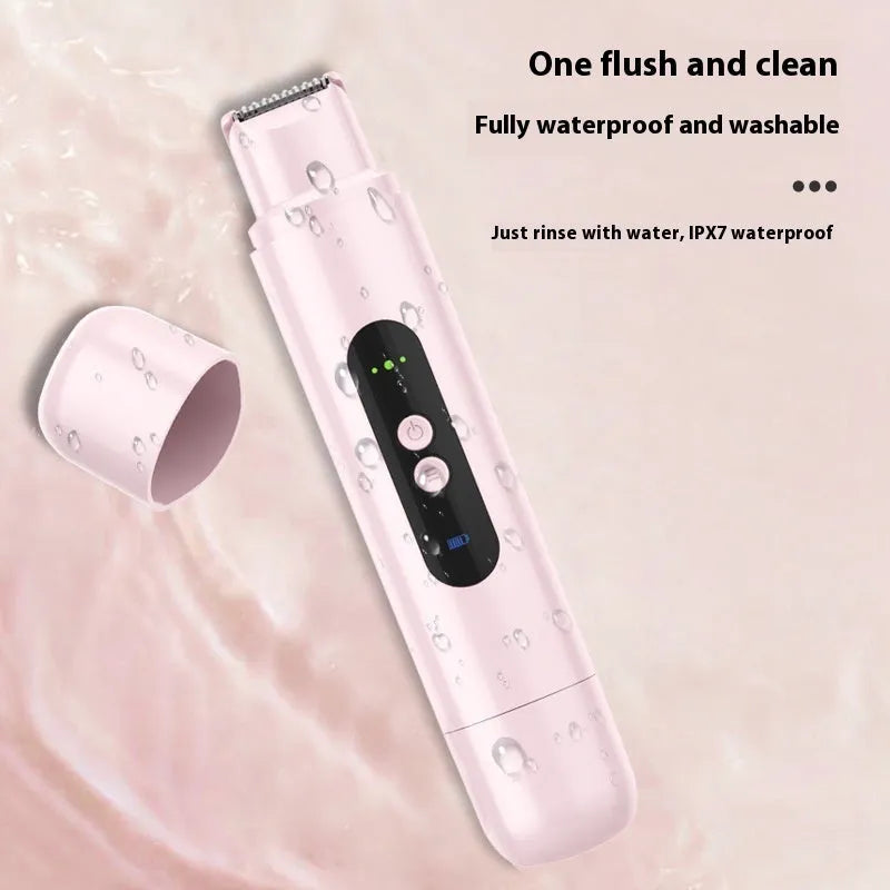 Portable electric depilator with floating blade in white or pink colour with USB charging cable