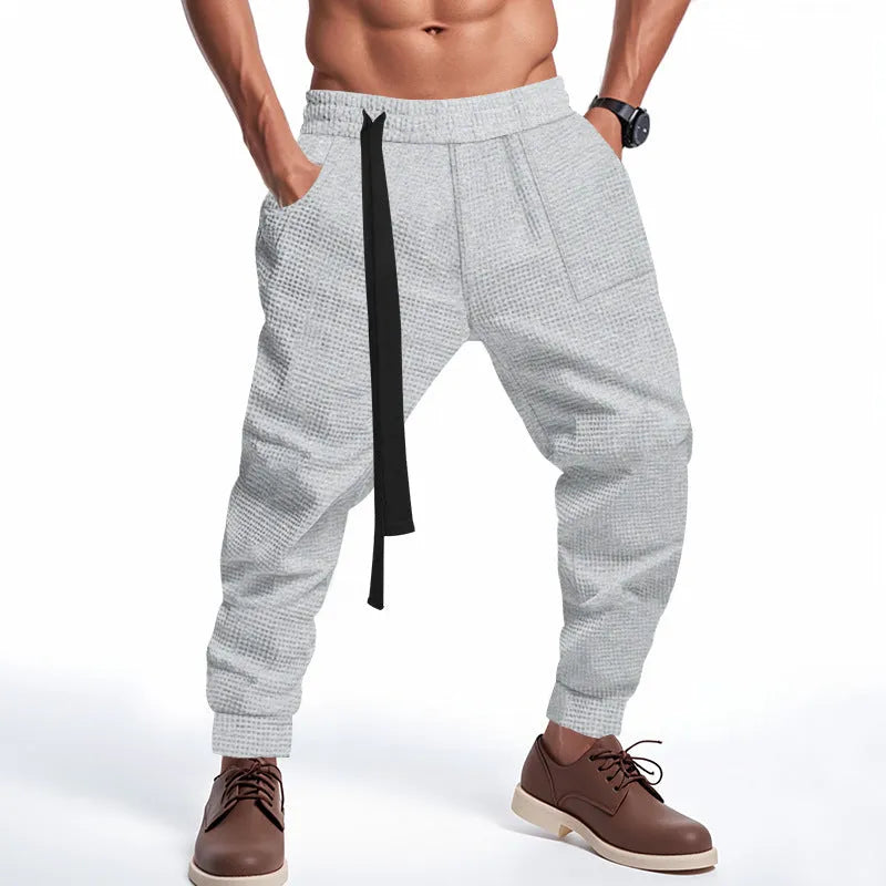 Men's waffle casual trousers, mid-rise straight leg polyester blend, in black, khaki, light grey, blue or white
