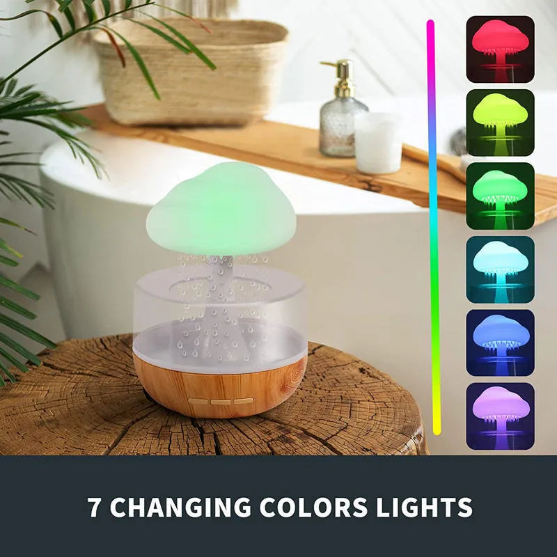 2-in-1 desk humidifier with raining cloud night light and essential oil diffuser in wood grain or white colour
