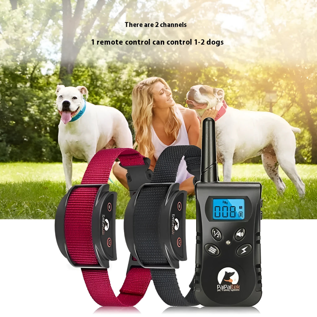 Red remote control dog trainer with bark arrester, nylon collar strap, and USB charging cable on white background