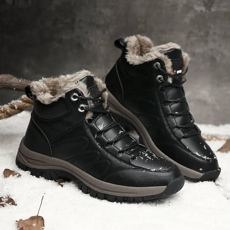 Men's winter boots warm leather shoes black artificial PU upper rubber sole thick plush lining