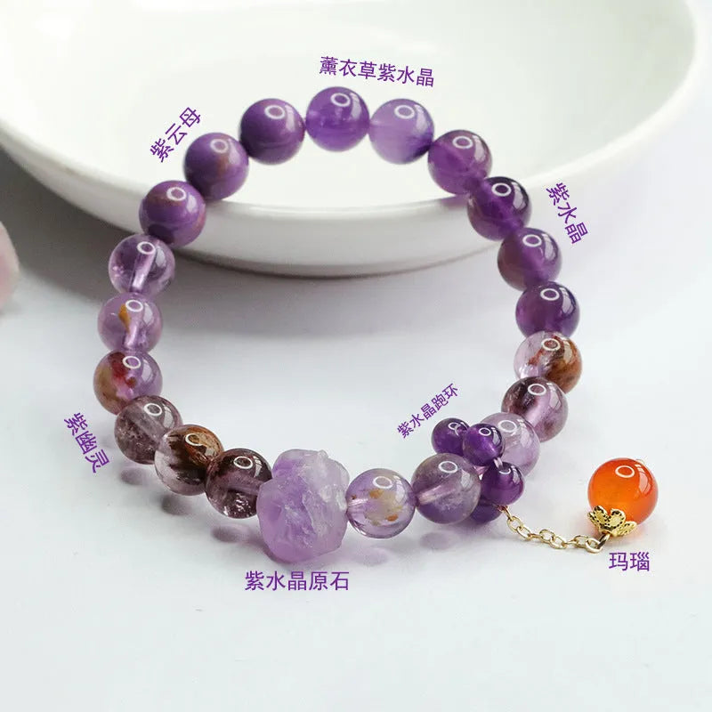 Natural nine purple amethyst crystal bracelet with red agate accents and dragon year design