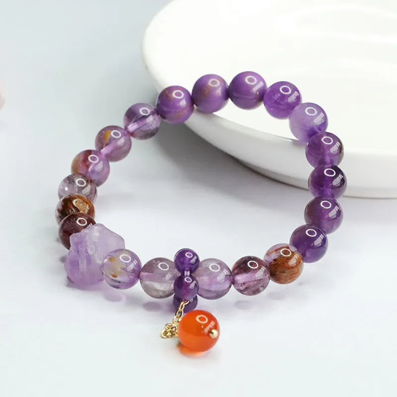 Natural nine purple amethyst crystal bracelet with red agate accents and dragon year design