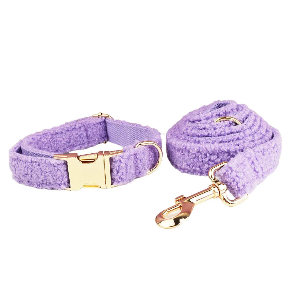 Purple cloth dog collar, leash, bow tie, and vest set for small dogs.