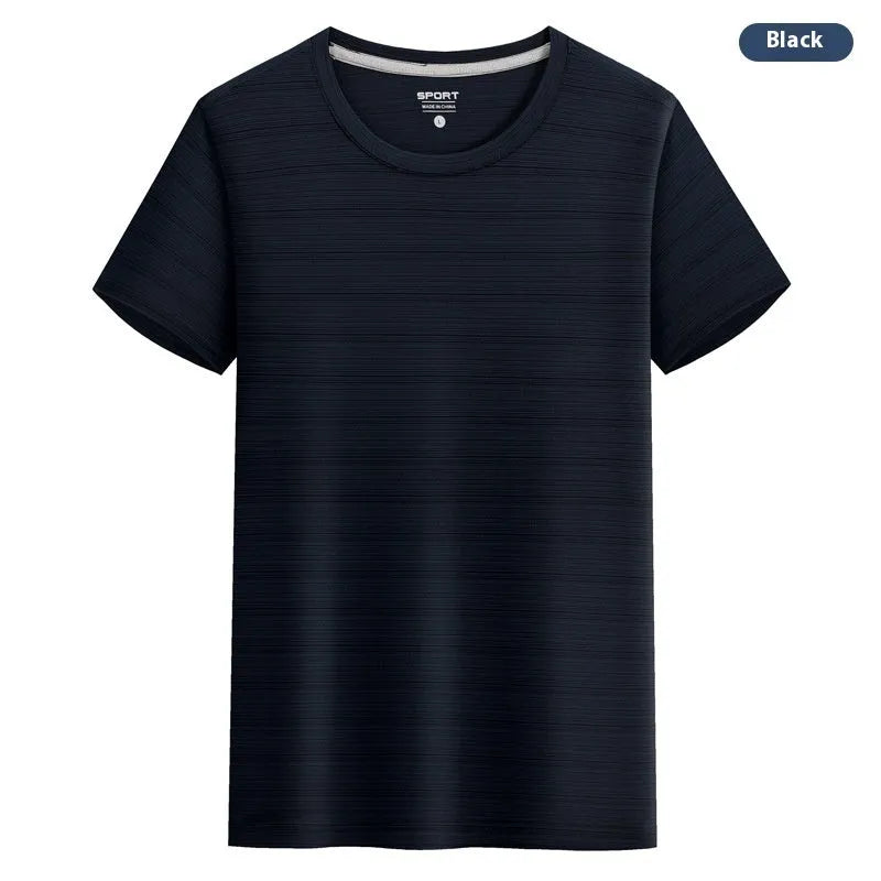 Crystal silk round neck quick-drying T-shirt in a solid colour on a hanger.