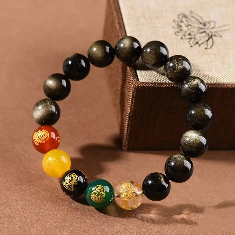 Men's rainbow eye obsidian and gold obsidian crystal bracelet with xiangyun motifs in New Chinese style