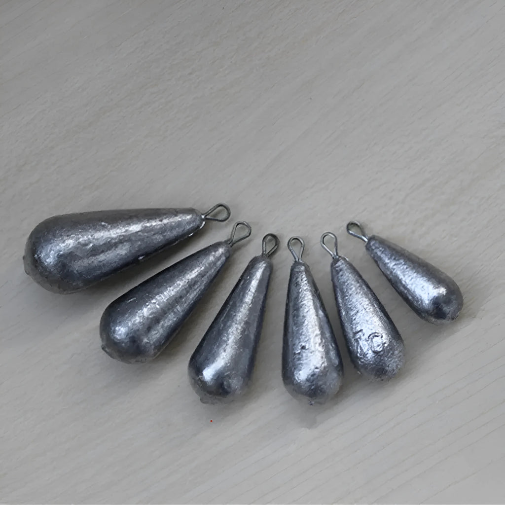 Lead drop shape fishing sinkers in weights 20g, 30g, 40g, 50g and a Tongxin 20g sinker on a blue background.