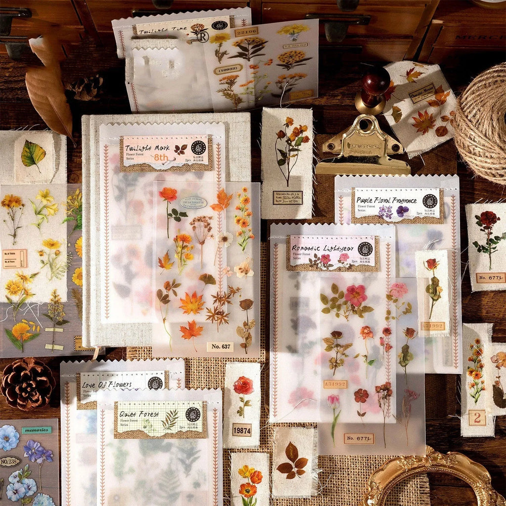 Huazhisen Series forest theme art sticker pack showing transfer paper and cotton linen sheets in literary style