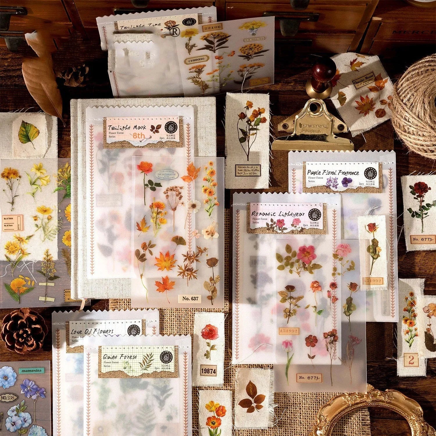Huazhisen Series forest theme art sticker pack showing transfer paper and cotton linen sheets in literary style