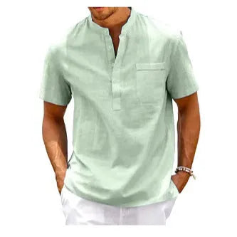 Men's solid colour stand collar short sleeve polo shirt in a loose fit for summer.