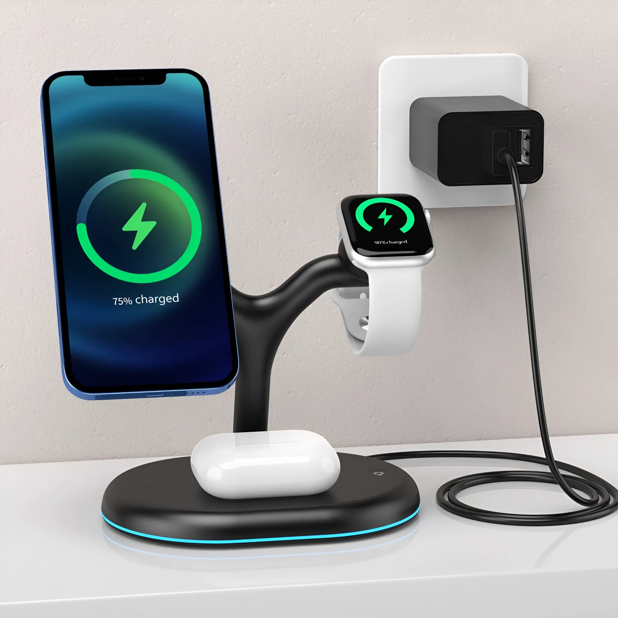 Black three-in-one magnetic wireless charger with iPhone, Apple Watch, and AirPods case placed on charging pads
