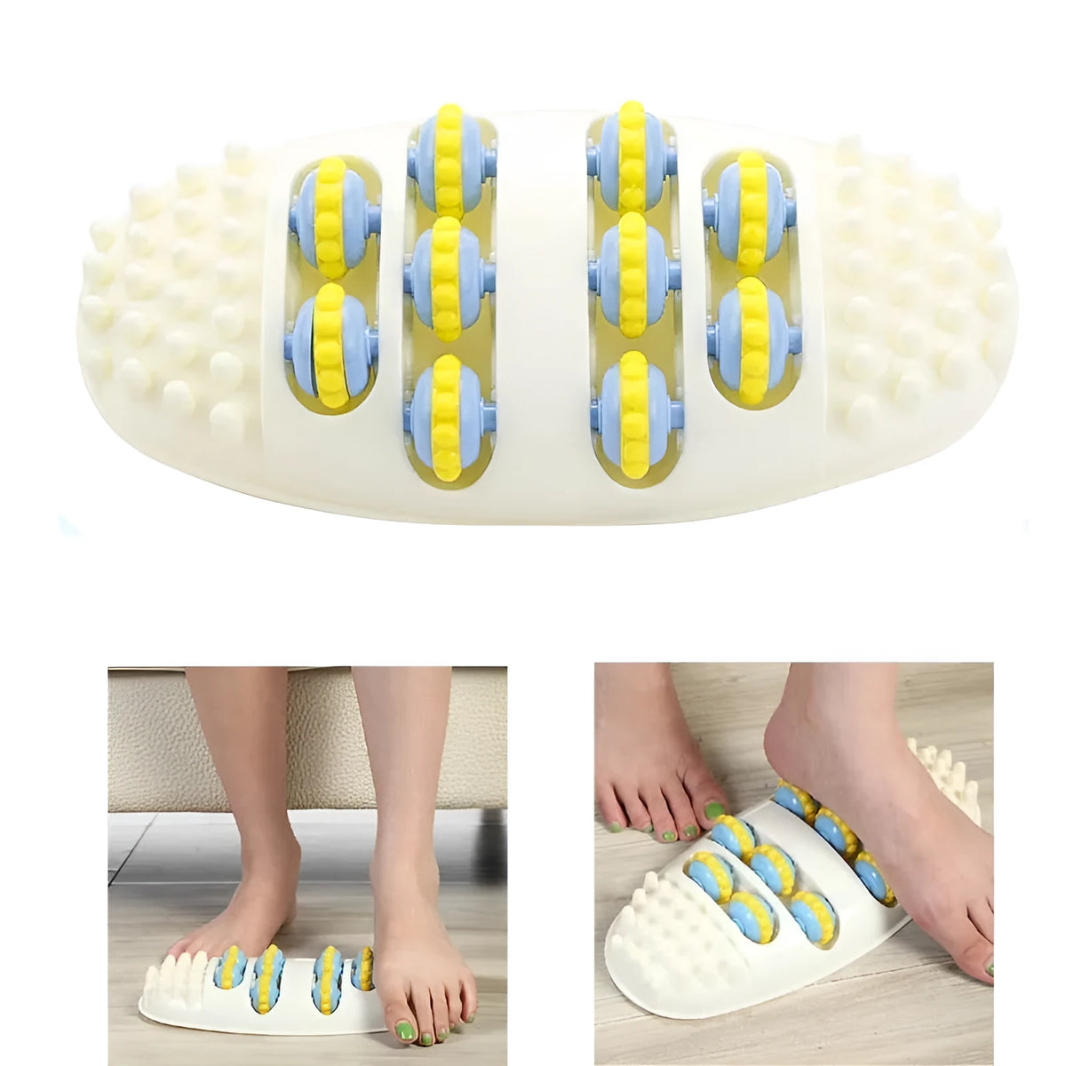 White plastic foot acupressure massager roller with ridged surface for plantar fasciitis and arch pain relief