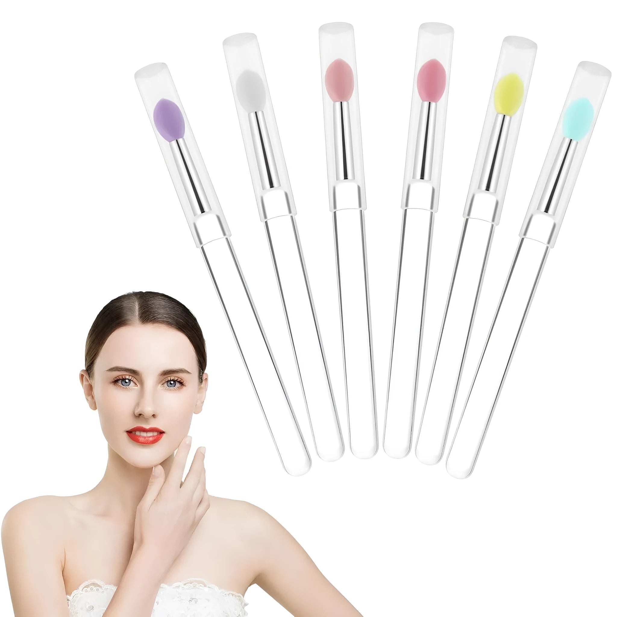 Set of four reusable silicone lip brushes with silicone caps in assorted colours