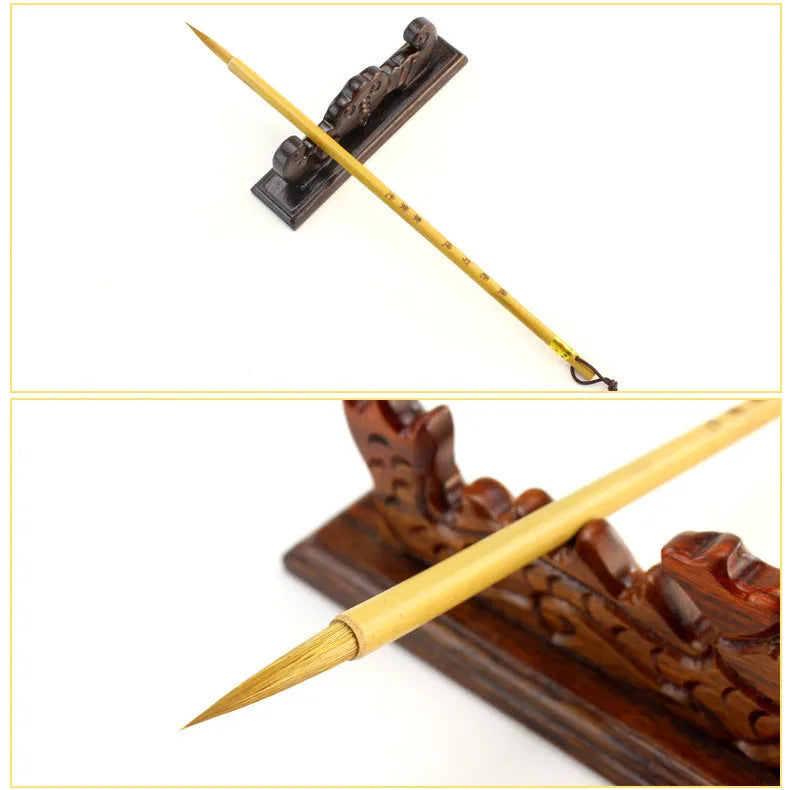 Traditional Chinese calligraphy writing brush with wolf hair bristles and wood handle in size S