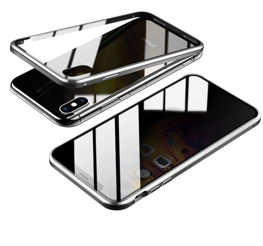 Geometric-patterned clamshell phone case in navy blue, open to show iPhone 13 Pro Max inside.