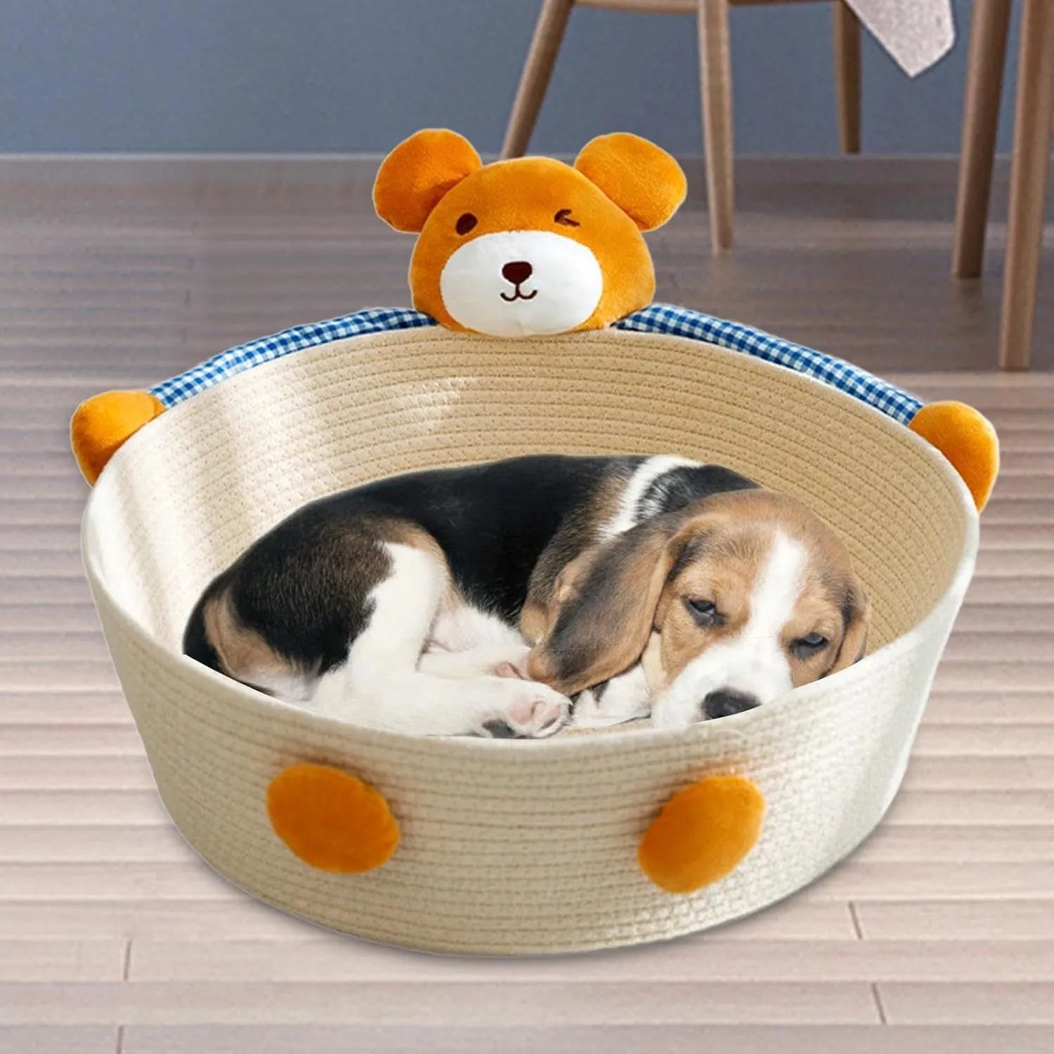 Woven cotton rope cat bed with scratching surface in basket design