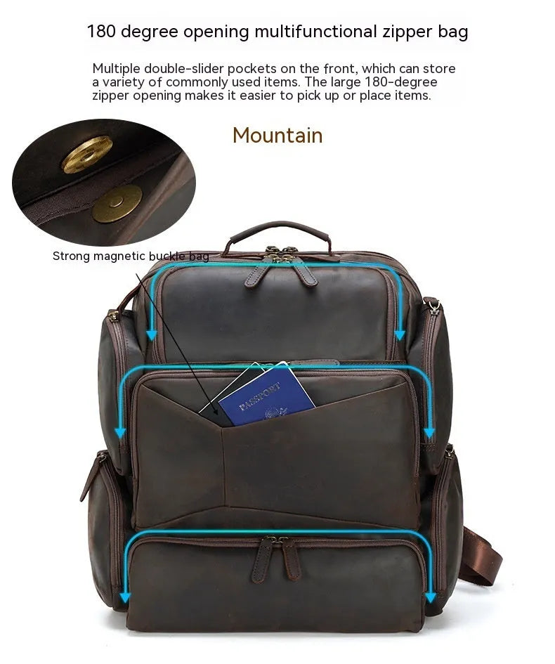 Dark brown genuine crazy horse leather backpack for men showing open pockets and organised internal compartments for a 17-inch laptop.
