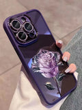 Dark purple TPU iPhone case with pink rose design and sparkling pink lens film over cameras.