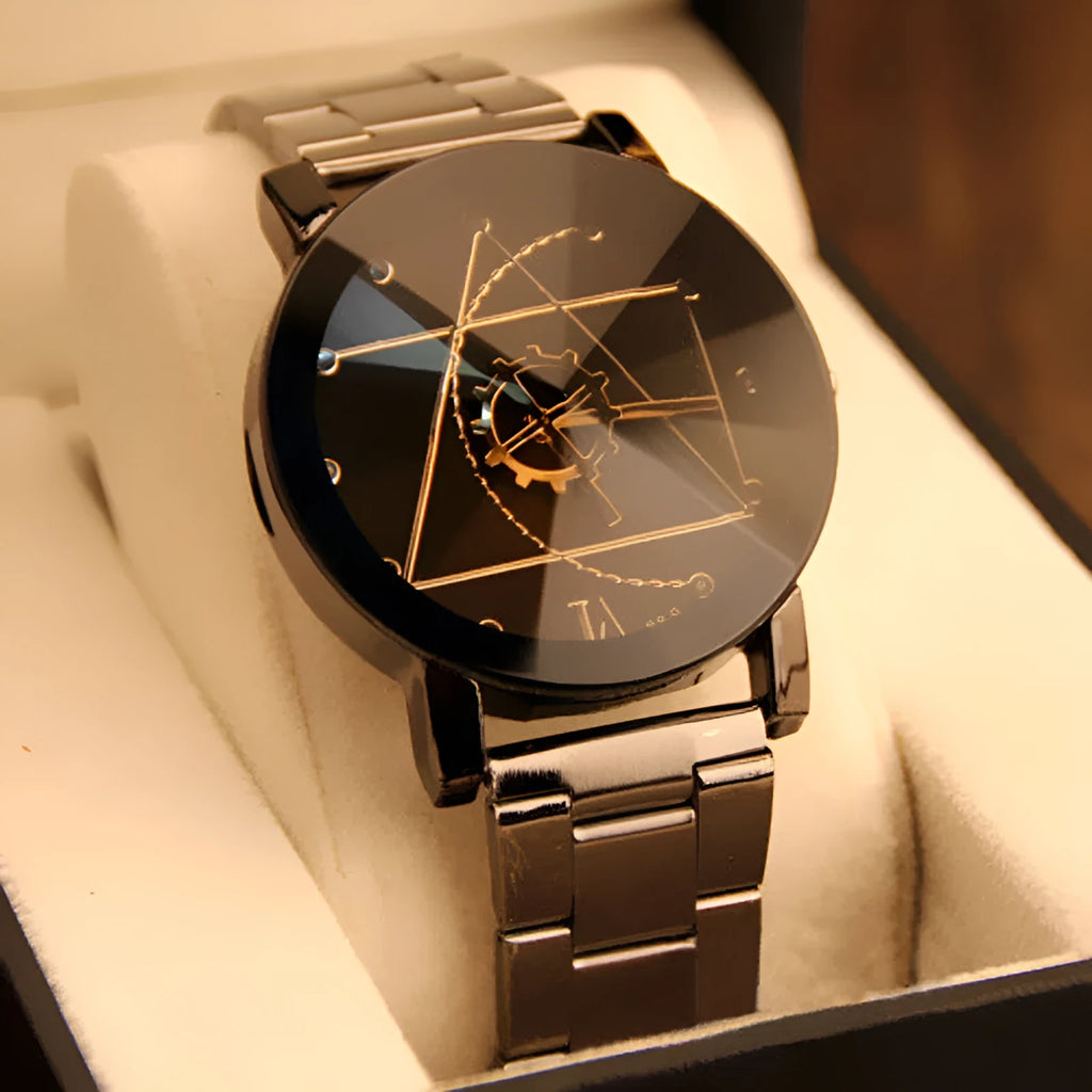 Quartz watch with compass dial, gear pointer, stainless steel band, black dial