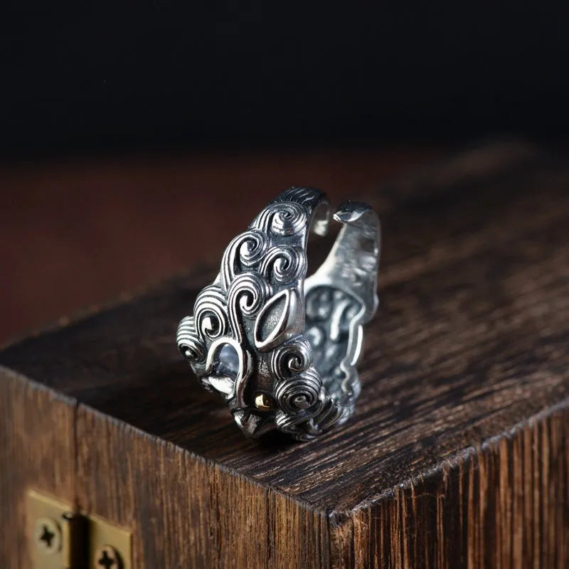 Silver open ring with Jibeast pattern and animal zodiac modelling diamond detail