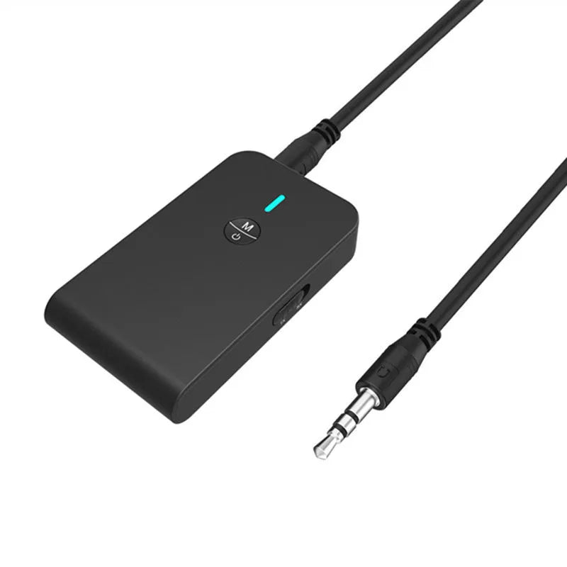 Black Bluetooth adapter with 3.5mm AUX connector for car and home audio