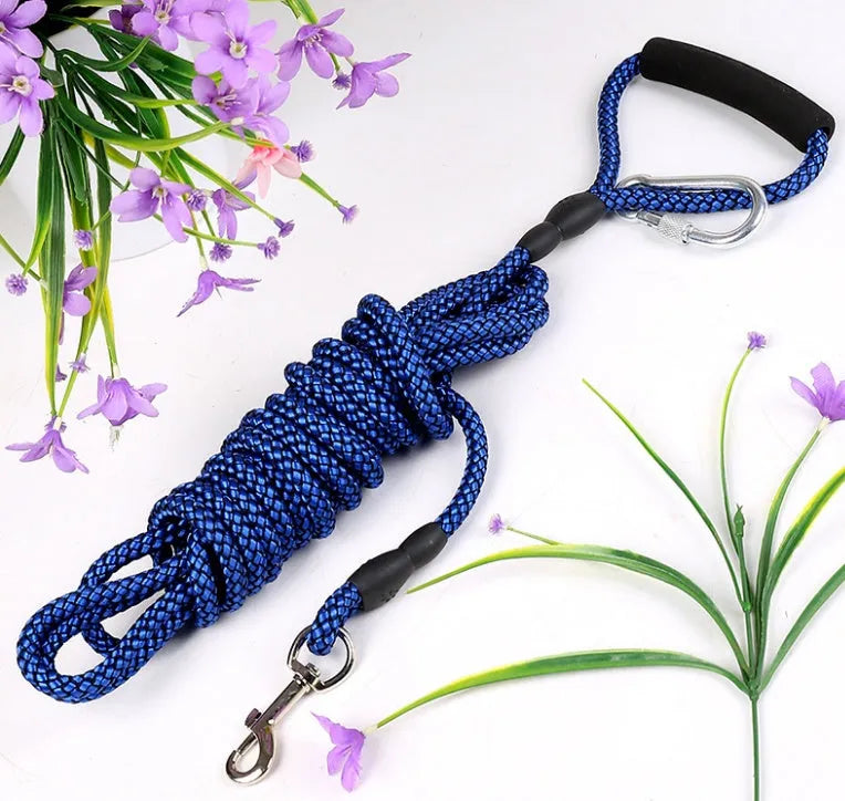 Nylon dog tracking rope in blue with brake handle and 5 metre length option