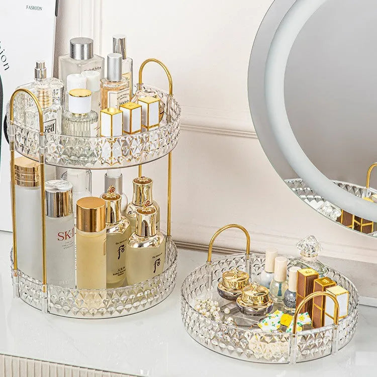 Light luxury cosmetics storage box in PET and metal, available in double layer, single layer, and three layers