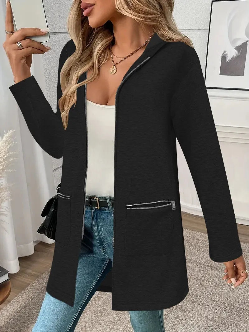 Women's loose casual cardigan coat mid-length with pockets in black, gray or khaki