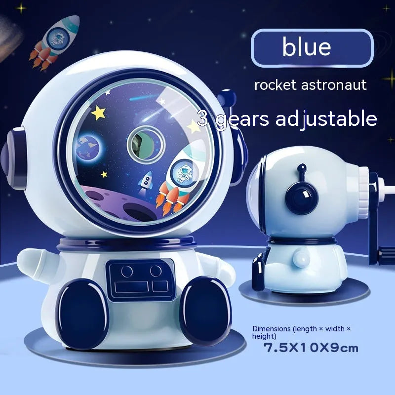Astronaut-themed manual pencil sharpener with anti-jam mechanism for 2mm leads in blue or pink colour