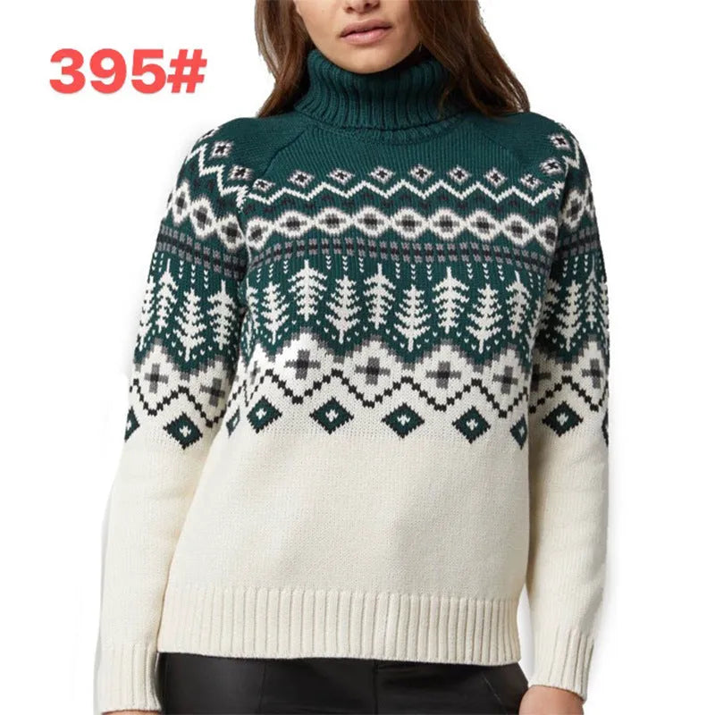 Women's jacquard turtleneck fall winter inner wear sweater in blue, long sleeve pullover retro style
