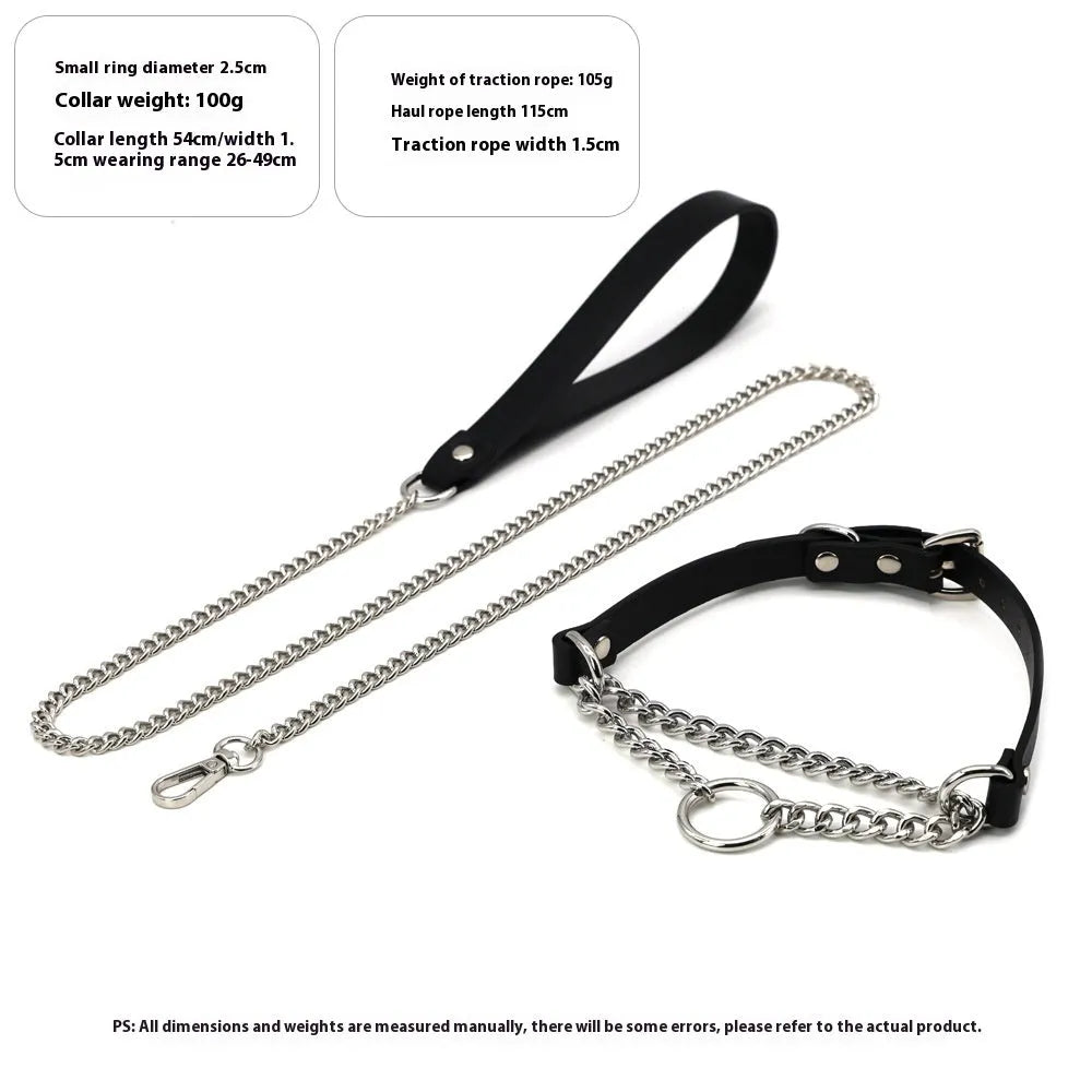 Black cowhide leather bondage collar and matching leash with hand grip rope.