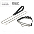 Black cowhide leather bondage collar and matching leash with hand grip rope.