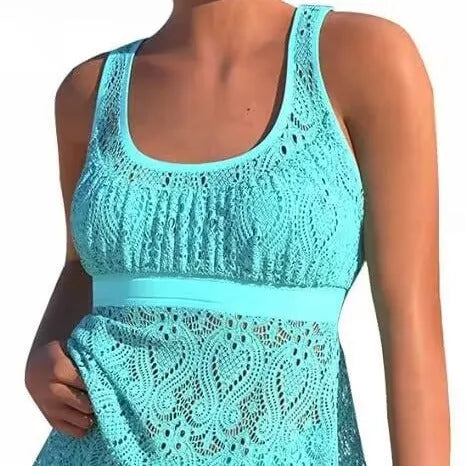 Women's solid colour two-piece swimsuit with conservative split design, shown in the available colour.