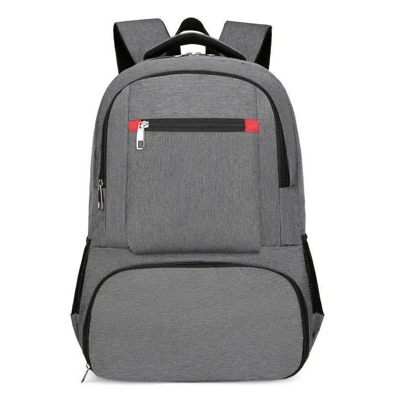 Light grey Oxford cloth insulated backpack with curved shoulder straps and a pull rod belt.