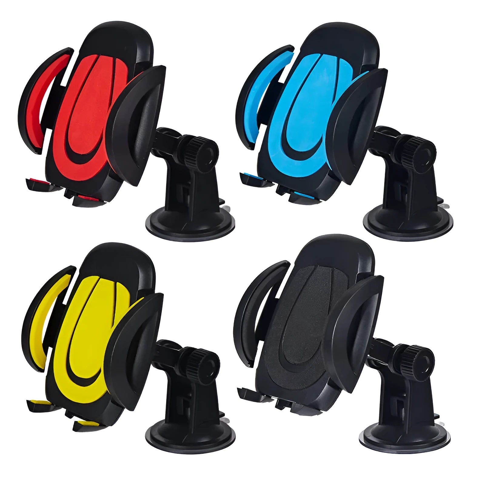 Blue suction cup U-shaped car phone holder mounted on a dashboard holding a mobile phone.