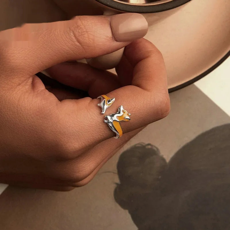 Adjustable silver electroplated ring with cartoon corgi dog design