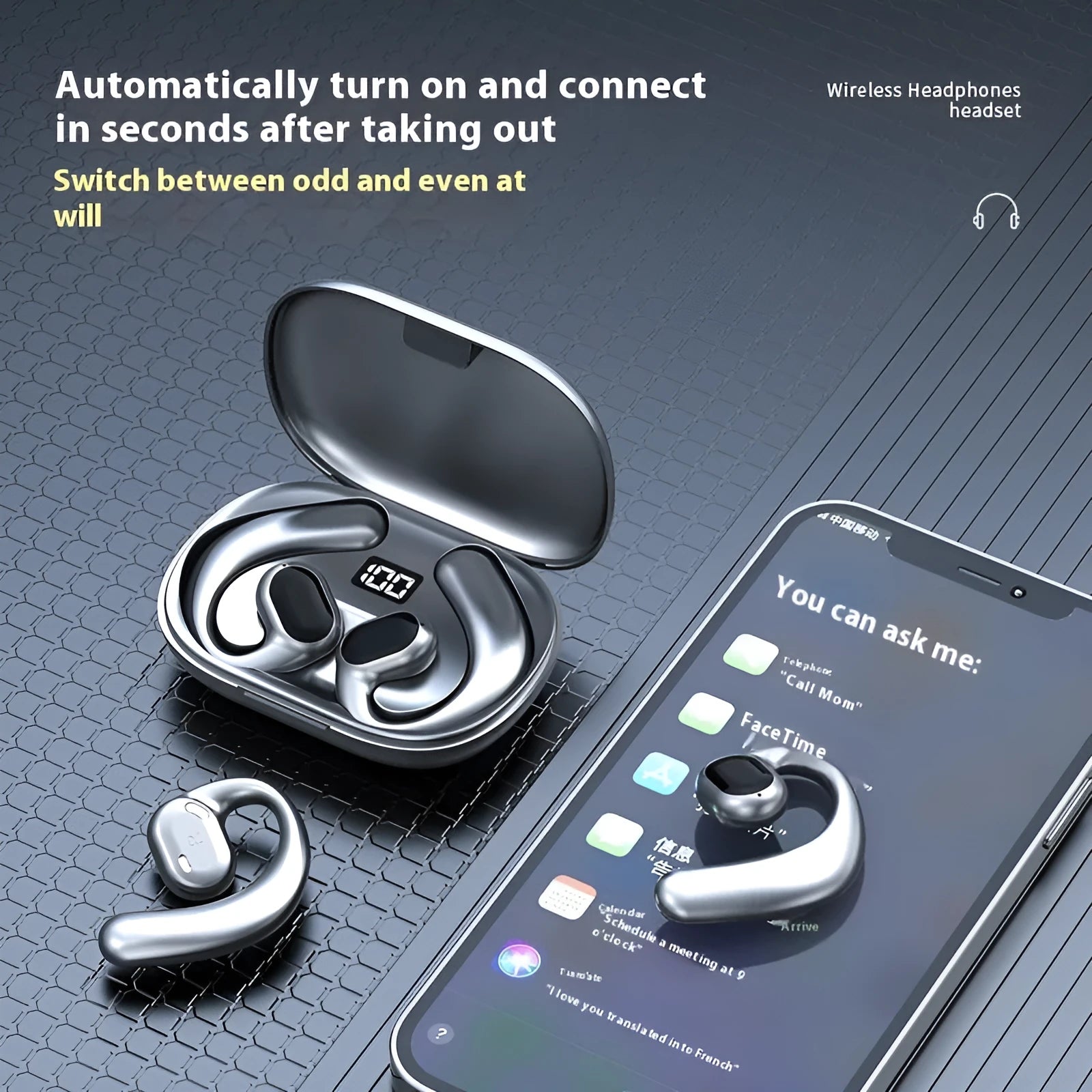 Black and white ear-mounted Bluetooth headset with digital display screen on the side.