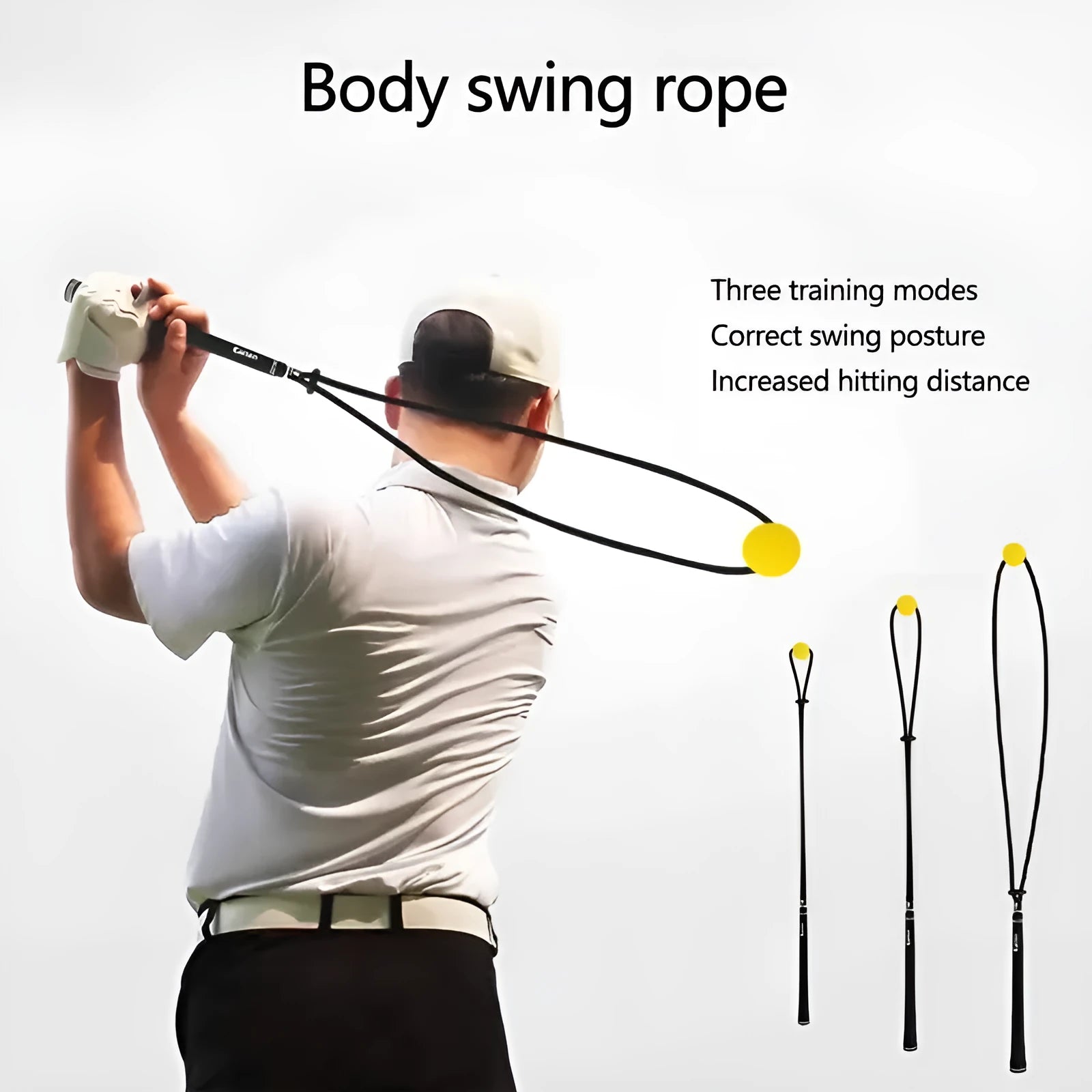 Black silicone elastic golf swing correction training rope approximately 2 metres long