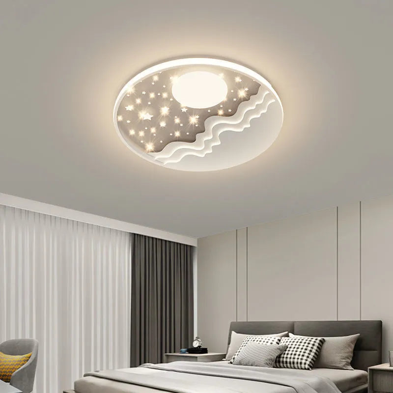 Moon ceiling light in 40cm, 50cm, or 60cm size, wrought iron and acrylic, white light or nonpolar, simple modern bedroom fixture.